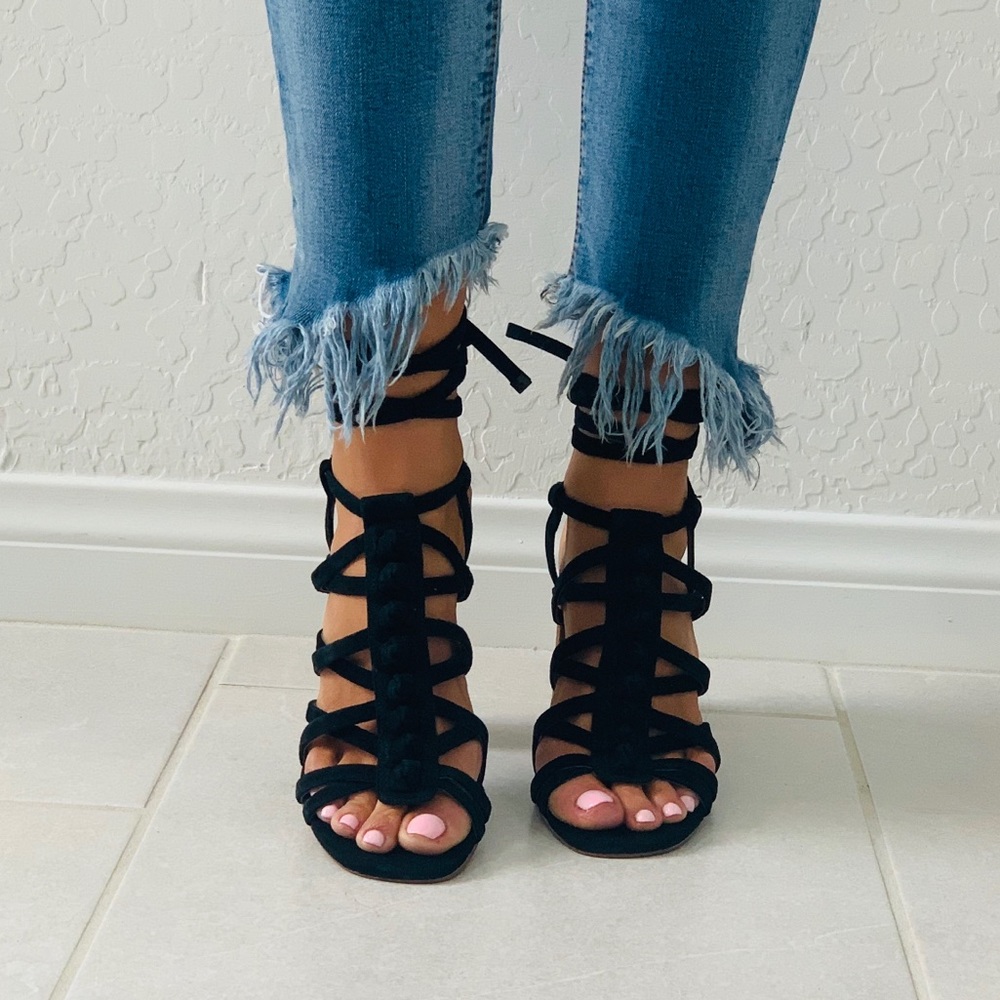 Black Chunky Heel Lace Up Gladiator Sandal - Picture 5 of 8